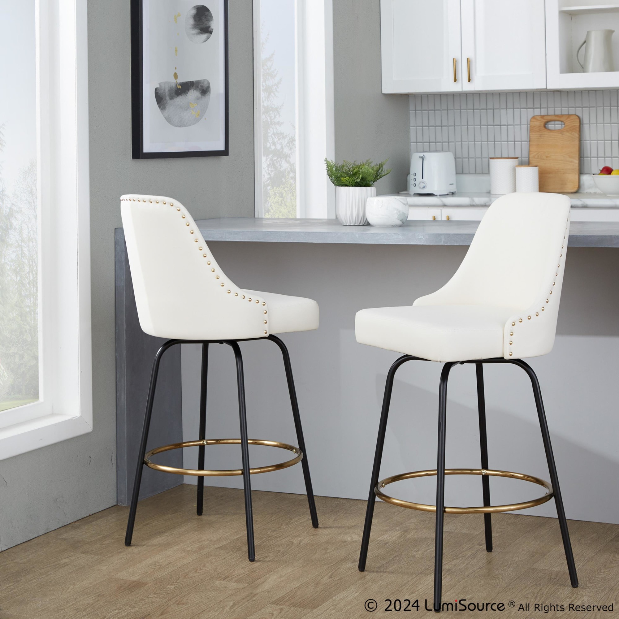 Studded Marcel 27 White Faux Leather Counter Stools (Set of 2) 2 Studded Marcel 27 White Faux Leather Counter Stools (Set of 2) - Image 2