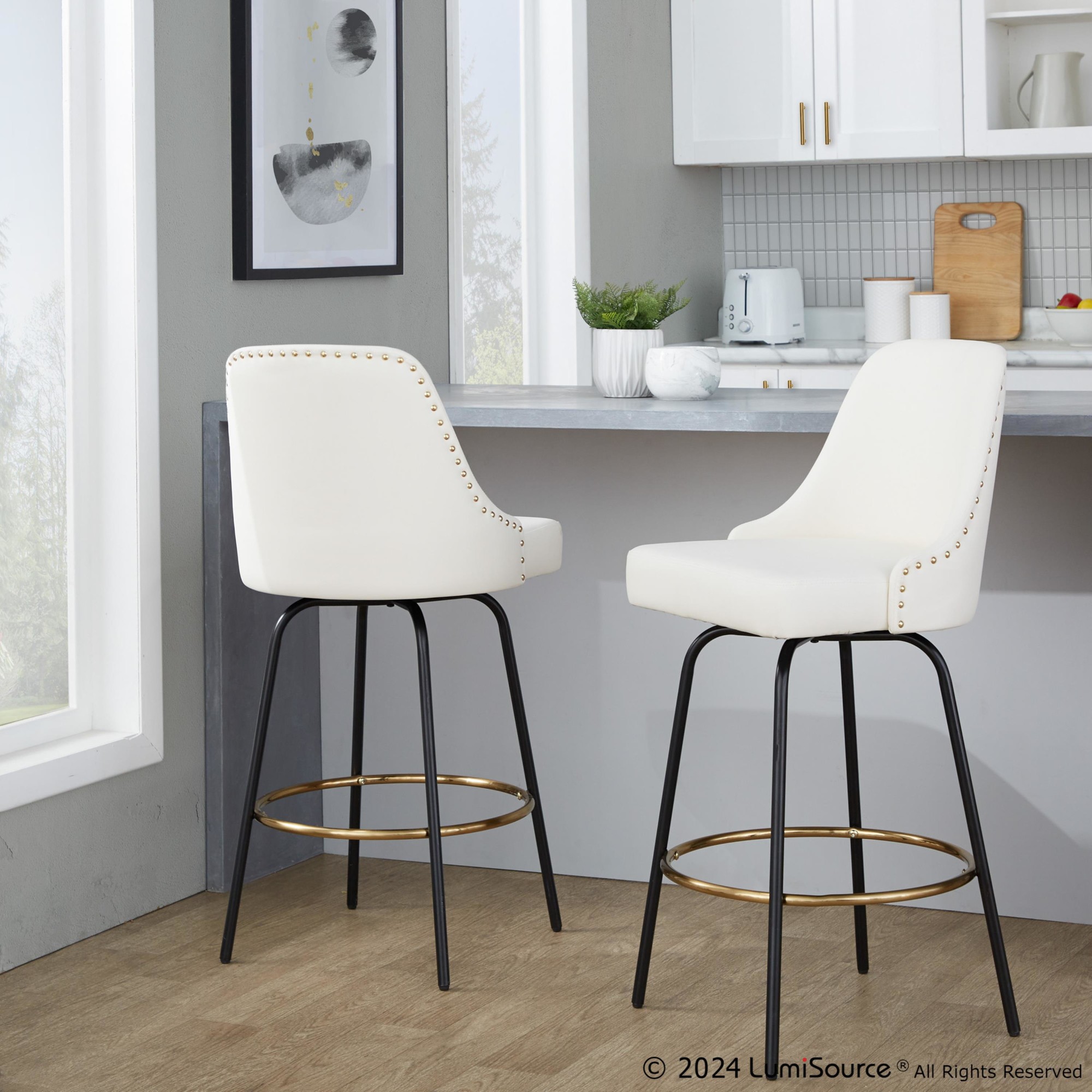 Studded Marcel 27 White Faux Leather Counter Stools (Set of 2) 1 Studded Marcel 27 White Faux Leather Counter Stools (Set of 2)