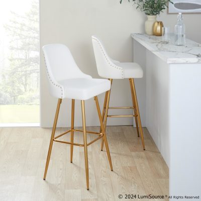 Studded Marcel 30 Contemporary Gold and White Barstools (Set of 2)