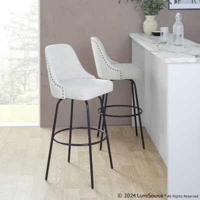 Studded Marcel 30" Cream Fabric Contemporary Barstools (Set of 2)