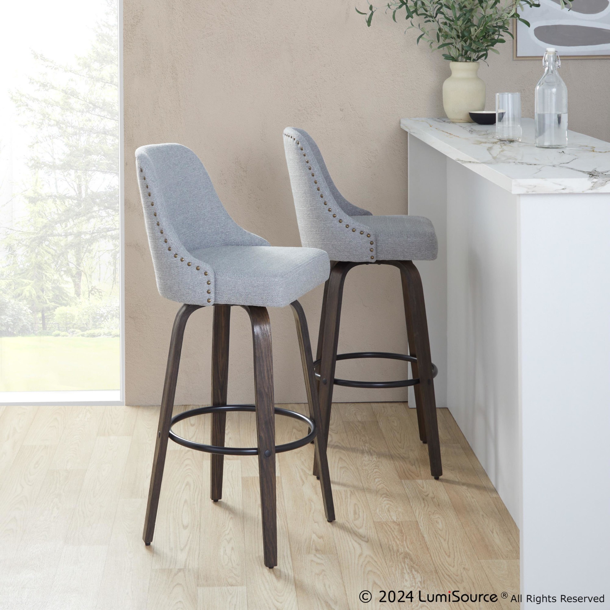 Studded Marcel 30-Inch Transitional Swivel Barstool Walnut (Set of 2) (Set of 2) 2 Studded Marcel 30-Inch Transitional Swivel Barstool Walnut (Set of 2) (Set of 2) - Image 2