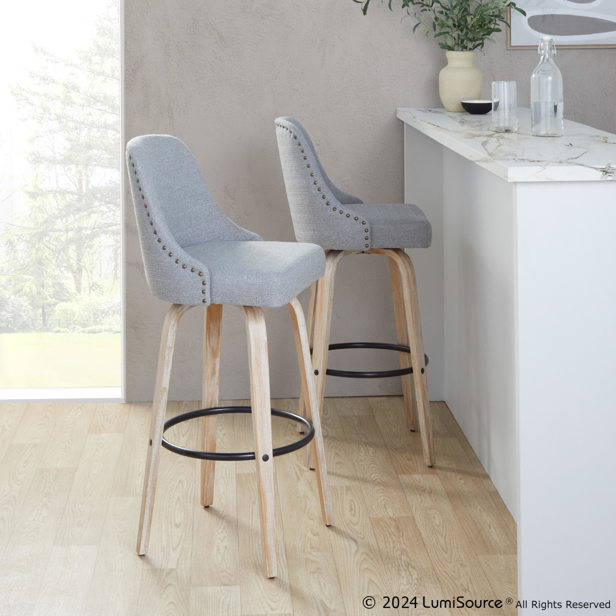 Studded Marcel 30 Light Grey Swivel Barstool Pair (Set of 2) 2 Studded Marcel 30 Light Grey Swivel Barstool Pair (Set of 2) - Image 2