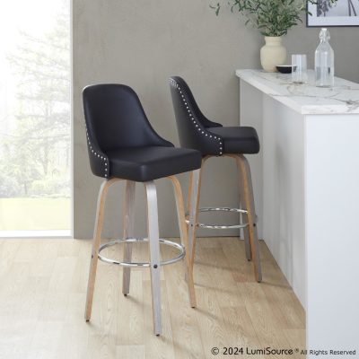 Studded Marcel 30" Transitional Swivel Barstool in Black (Set of 2) (Set of 2)