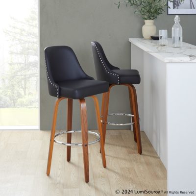 Studded Marcel 30 Walnut Black Faux Leather Barstool (Set of 2)
