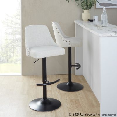 Studded Marcel Black Metal Cream Fabric Adjustable Barstools (Set of 2)