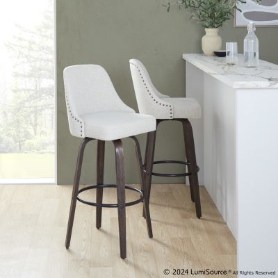 Studded Marcel Cream Fabric Walnut 30-Inch Swivel Barstools (Set of 2)