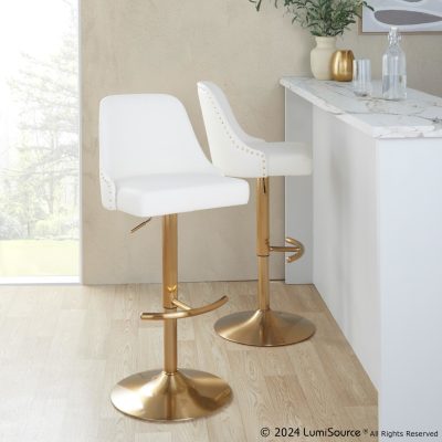 Studded Marcel Gold White Contemporary Adjustable Barstool (Set of 2)
