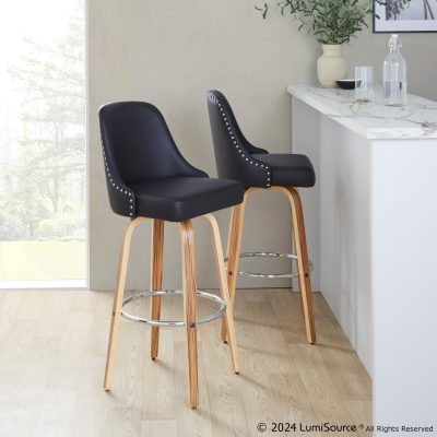 Studded Marcel Zebra Wood Black Faux Leather Barstools 30-Inch (Set of 2)