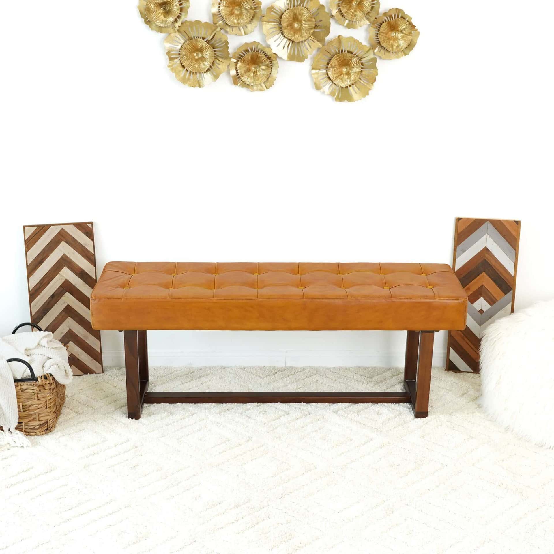 Tan Leather Mid-Century Modern Bench with Wood Frame 10 Tan Leather Mid-Century Modern Bench with Wood Frame