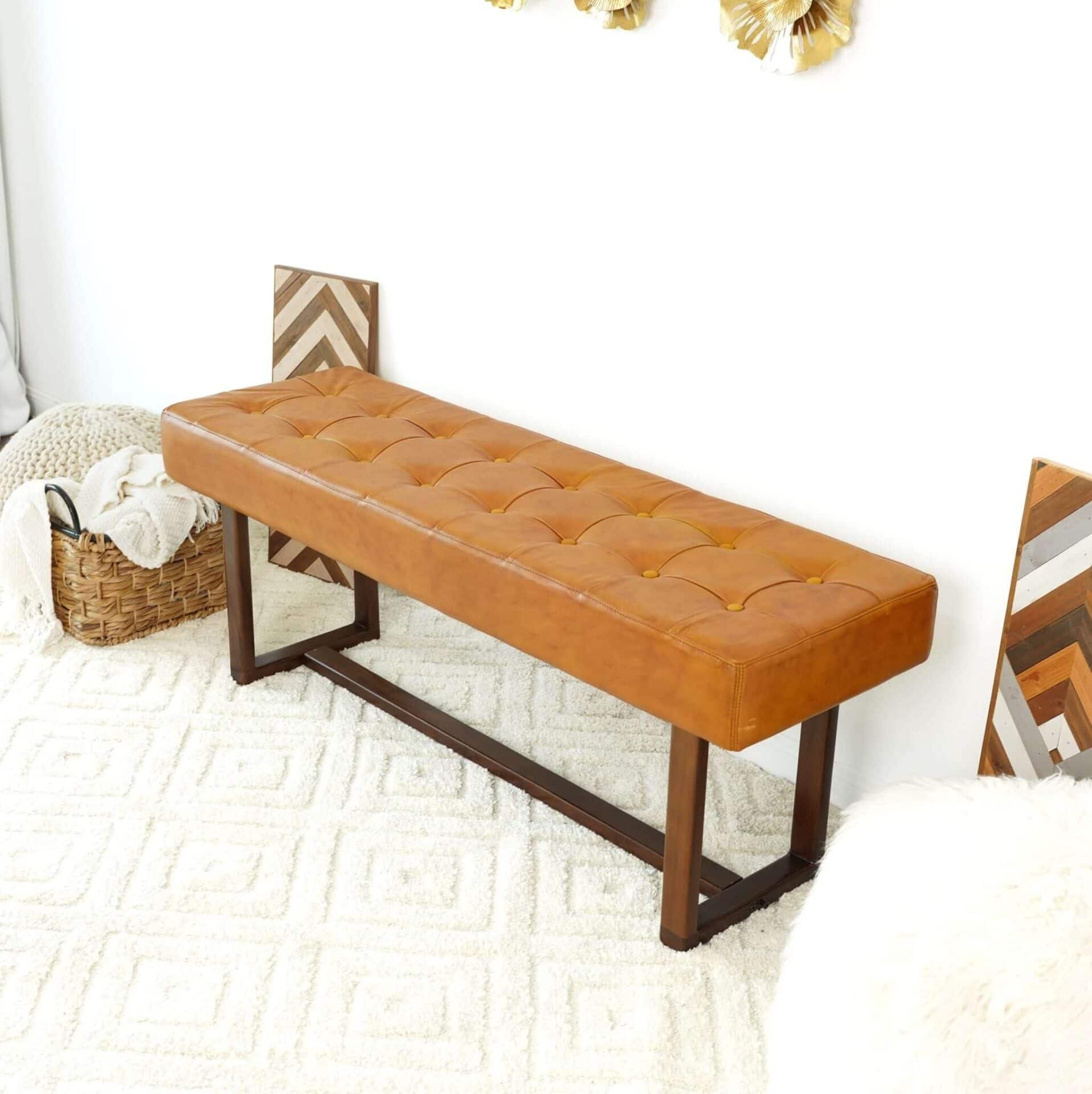 Tan Leather Mid-Century Modern Bench with Wood Frame 7 Tan Leather Mid-Century Modern Bench with Wood Frame - Image 7