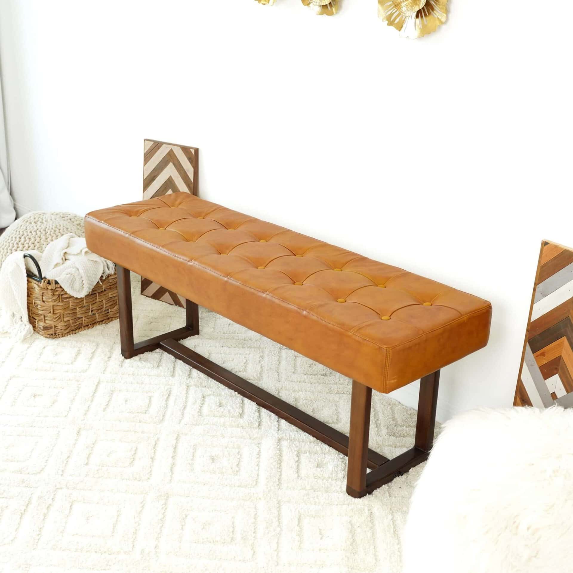 Tan Leather Mid-Century Modern Bench with Wood Frame 14 Tan Leather Mid-Century Modern Bench with Wood Frame