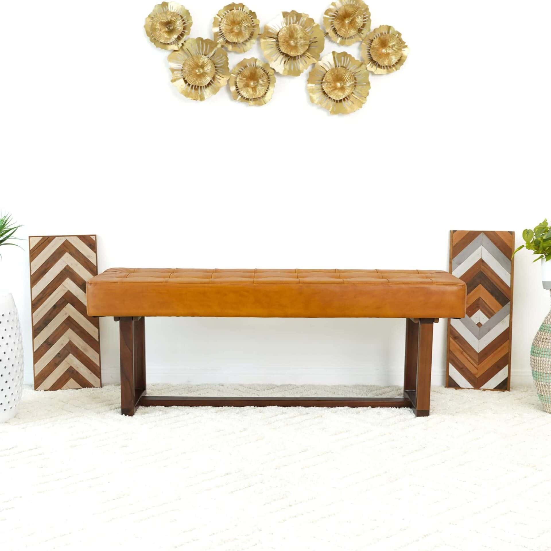 Tan Leather Mid-Century Modern Bench with Wood Frame 6 Tan Leather Mid-Century Modern Bench with Wood Frame - Image 6