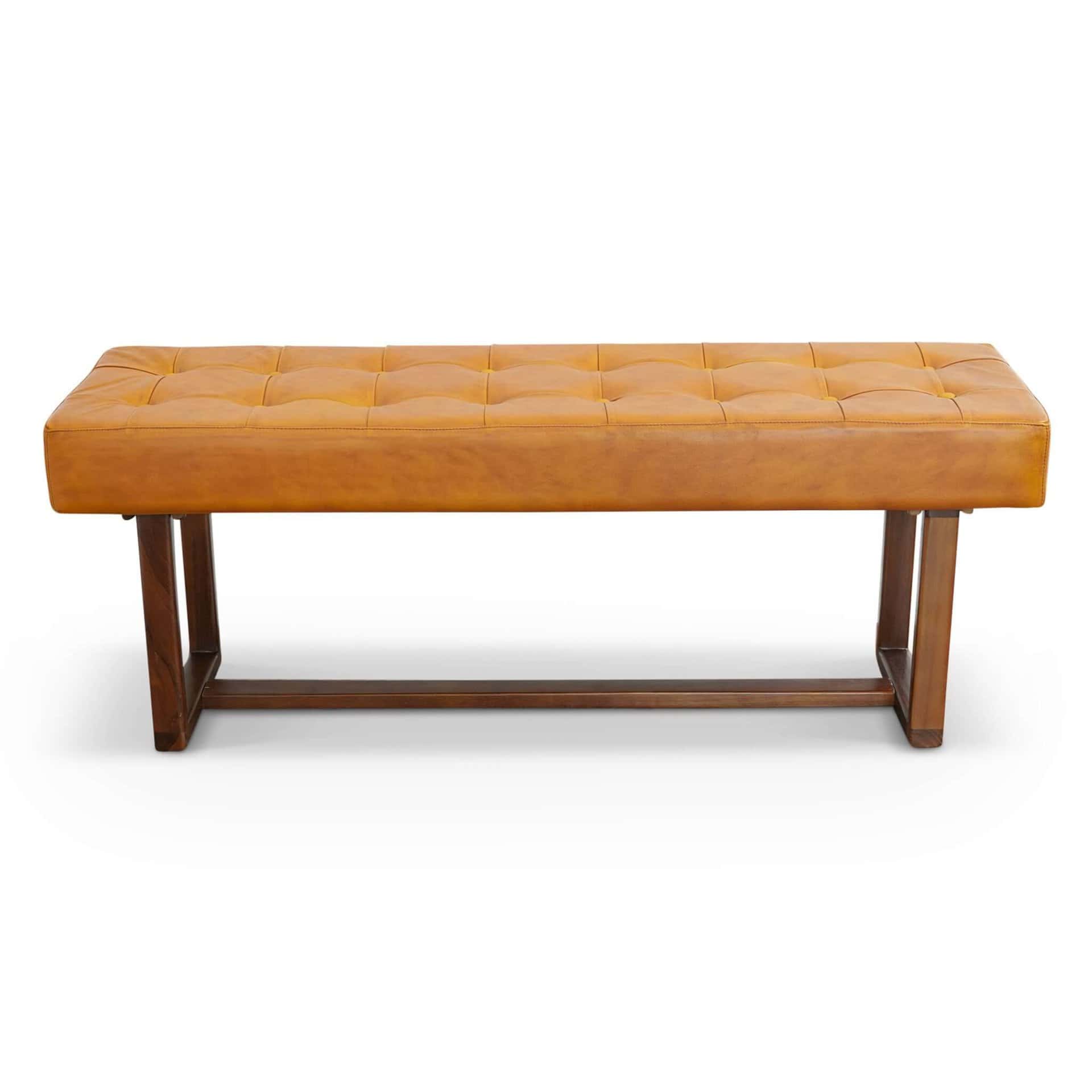 Tan Leather Mid-Century Modern Bench with Wood Frame 8 Tan Leather Mid-Century Modern Bench with Wood Frame