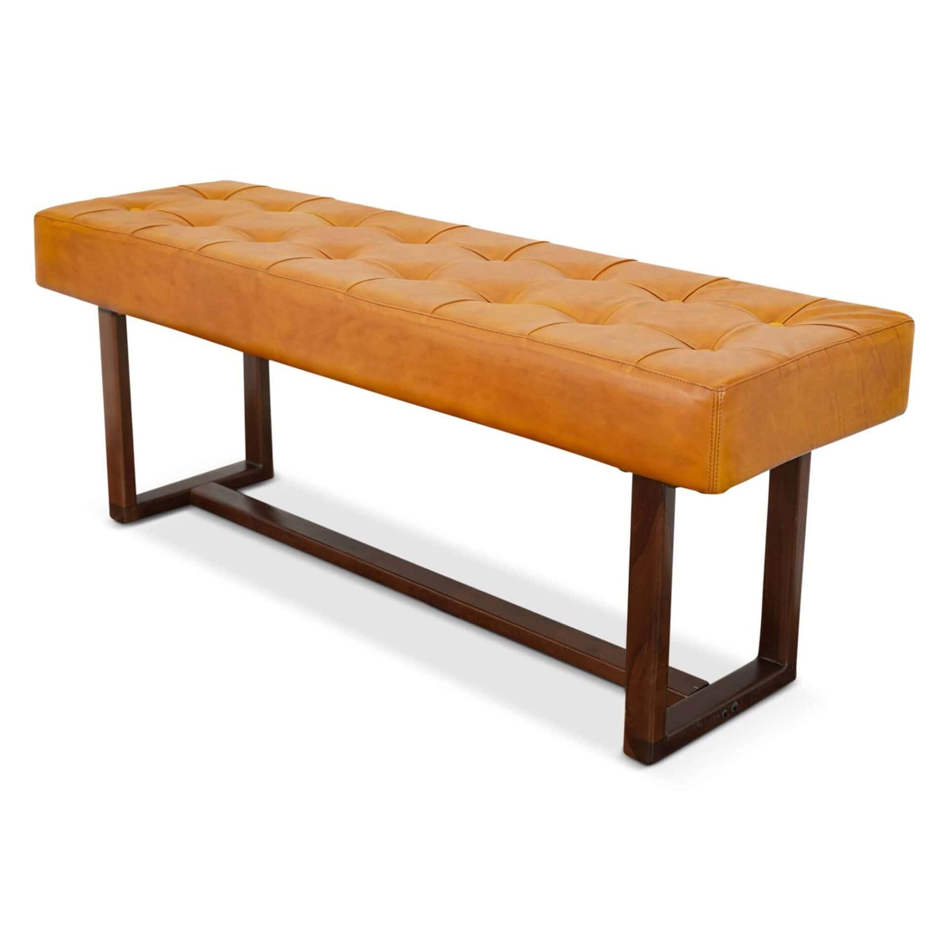 Tan Leather Mid-Century Modern Bench with Wood Frame 2 Tan Leather Mid-Century Modern Bench with Wood Frame - Image 2