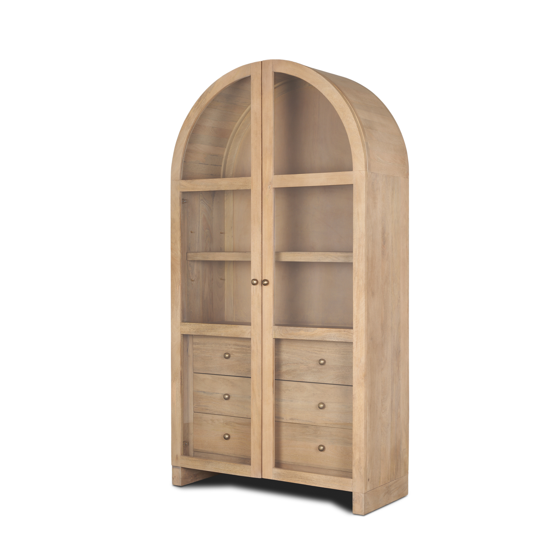 Suri Light Brown Wood WGlass Doors Arched Curio Cabinet