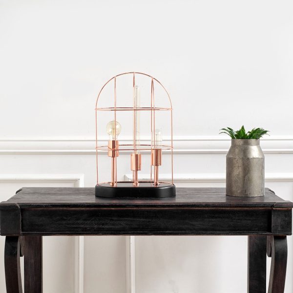 Sutton 19.3H Rose Gold Metal Cylindrical Cage Three Bulb Table Lamp 1
