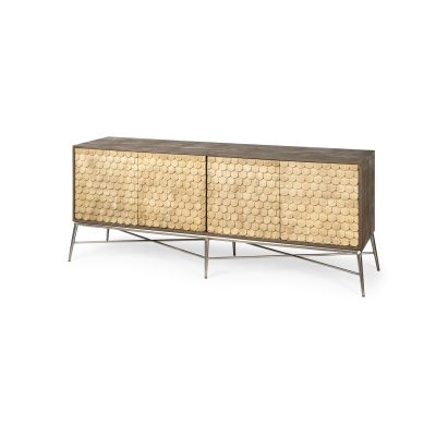 Swordfish 72L x 19W x 30.25H Two-Tone Brown Wood Cabinet Silver Metal Base 4 Cabinet Door Sideboard