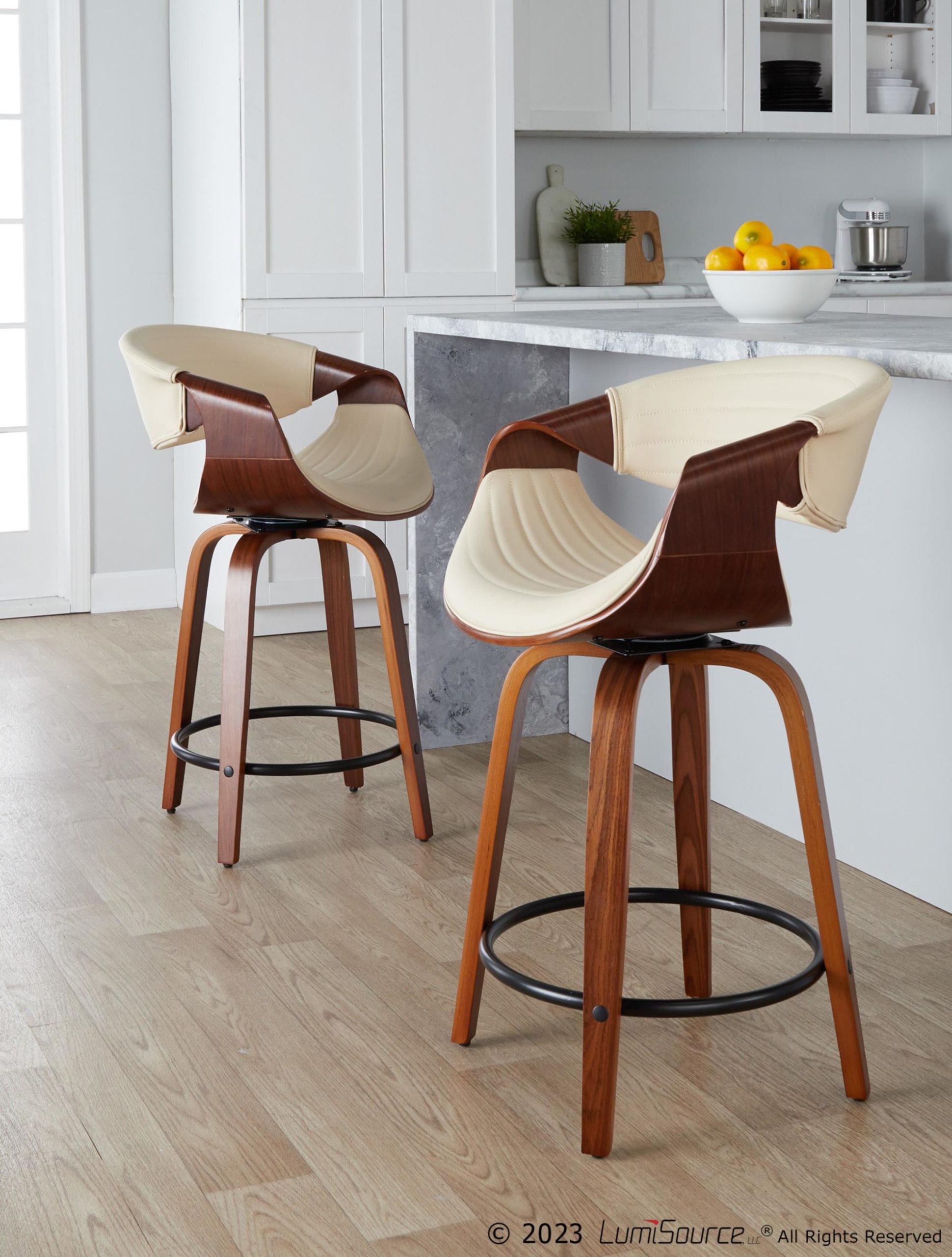 Symphony 24 Mid-Century Swivel Walnut Cream Counter Stools (Set of 2) 2 Symphony 24 Mid-Century Swivel Walnut Cream Counter Stools (Set of 2) - Image 2