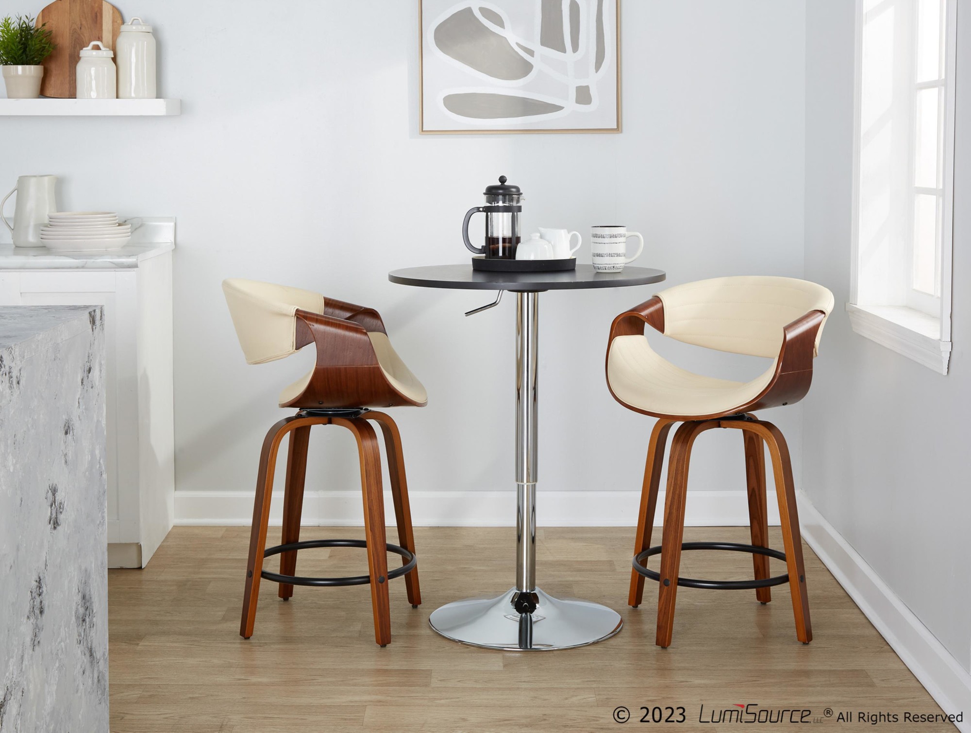 Symphony 24 Mid-Century Swivel Walnut Cream Counter Stools (Set of 2) 3 Symphony 24 Mid-Century Swivel Walnut Cream Counter Stools (Set of 2) - Image 3