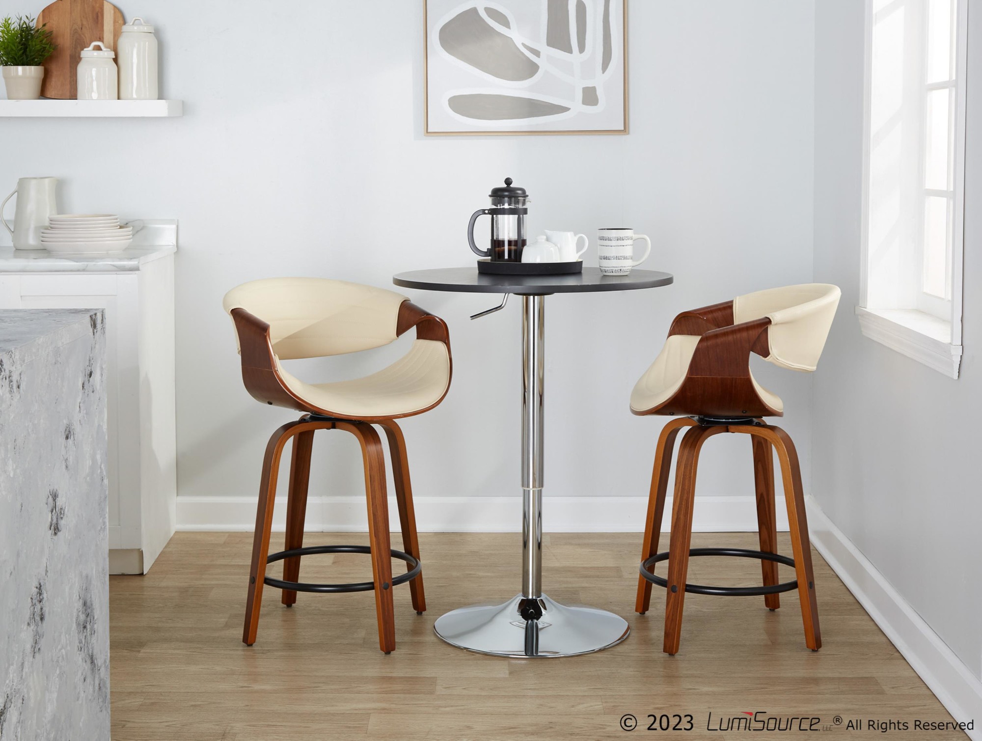 Symphony 24 Mid-Century Swivel Walnut Cream Counter Stools (Set of 2) 4 Symphony 24 Mid-Century Swivel Walnut Cream Counter Stools (Set of 2) - Image 4
