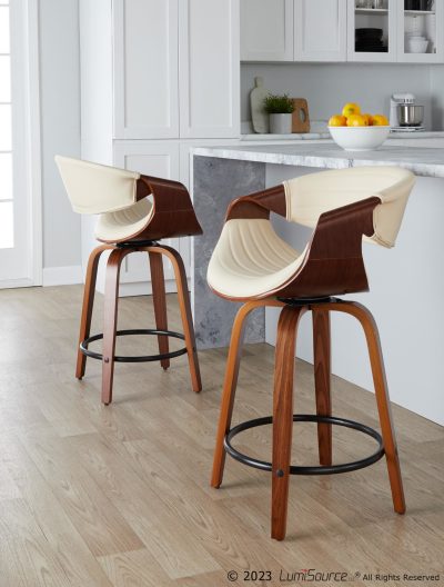 Symphony 24 Mid-Century Swivel Walnut Cream Counter Stools (Set of 2)