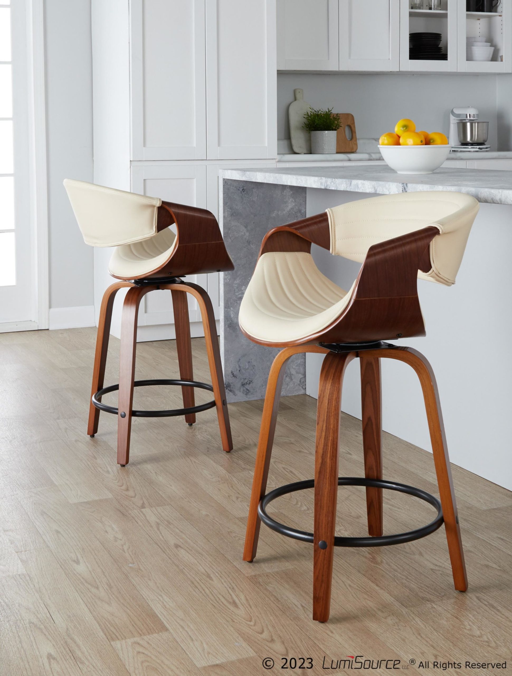 Symphony 24 Mid-Century Swivel Walnut Cream Counter Stools (Set of 2) 1 Symphony 24 Mid-Century Swivel Walnut Cream Counter Stools (Set of 2)