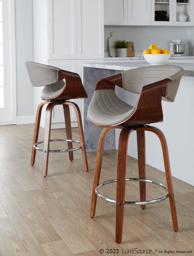 Symphony 26 Inch Mid-Century Modern Swivel Counter Stool in Walnut and Grey Faux Leather (Set of 2) (Set of 2)
