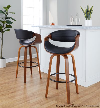 Symphony 30 Mid-Century Swivel Walnut and Black Barstools (Set of 2)