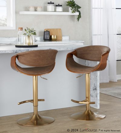 Symphony Gold and Walnut Adjustable Mid-Century Barstools (Set of 2)