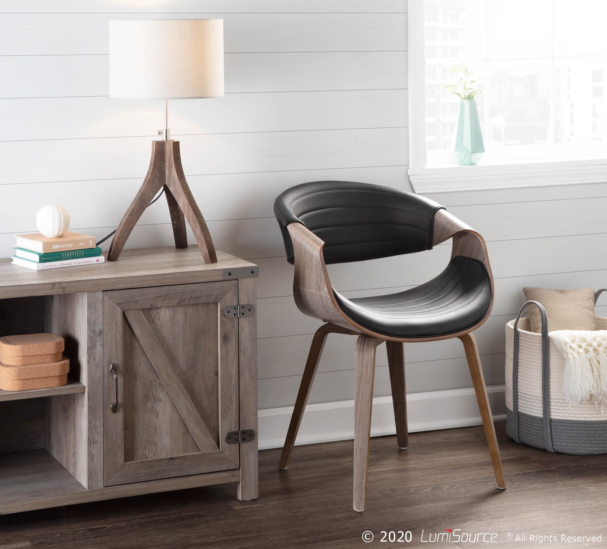 Symphony Light Grey Wood Black Faux Leather Mid-Century Chair 4 Symphony Light Grey Wood Black Faux Leather Mid-Century Chair - Image 4