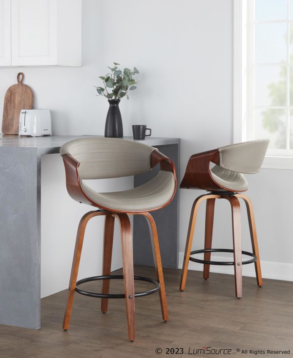 Symphony Mid Century Modern Walnut and Grey Counter Stools 26 Inch Set of 2