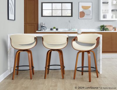 Symphony Walnut and Cream Faux Leather Mid-Century Counter Stools (Set of 2)