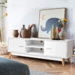Mid-Century 55-Inch White TV Stand with Storage Shelves
