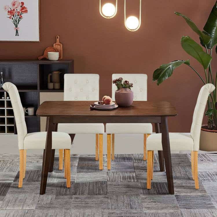 Beige Linen Button Tufted Dining Chairs with Wood Legs (Set of 2) 2 Beige Linen Button Tufted Dining Chairs with Wood Legs (Set of 2) - Image 2