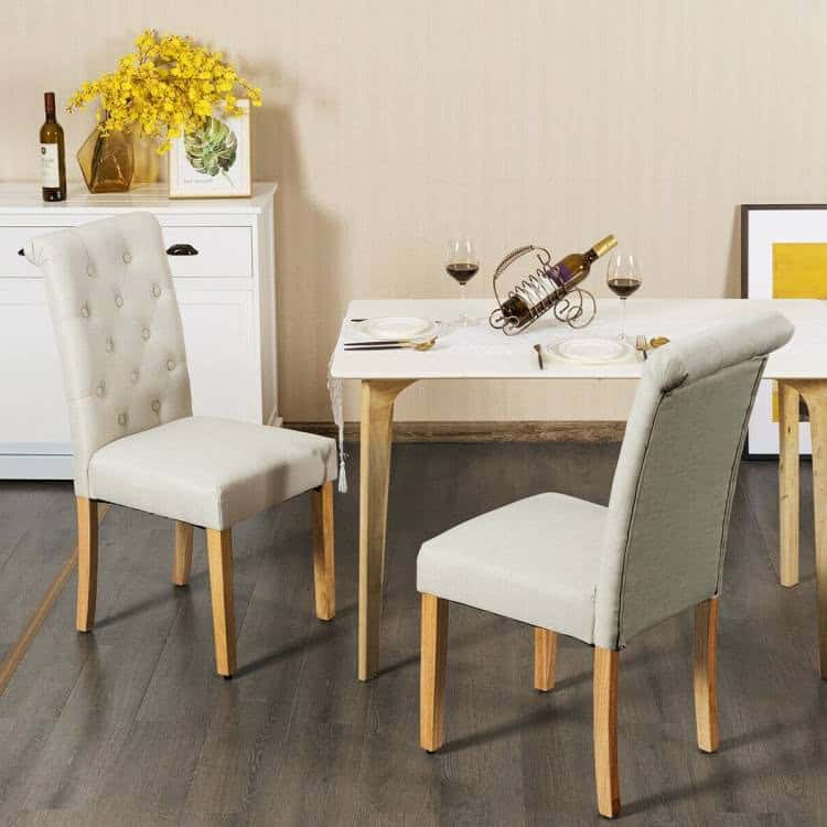 Beige Linen Button Tufted Dining Chairs with Wood Legs (Set of 2) 3 Beige Linen Button Tufted Dining Chairs with Wood Legs (Set of 2) - Image 3