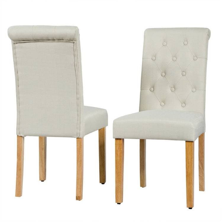 Beige Linen Button Tufted Dining Chairs with Wood Legs (Set of 2) 4 Beige Linen Button Tufted Dining Chairs with Wood Legs (Set of 2) - Image 4