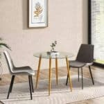 Modern Round Glass Dining Table with Wood-Look Metal Legs 5 Modern Round Glass Dining Table with Wood-Look Metal Legs