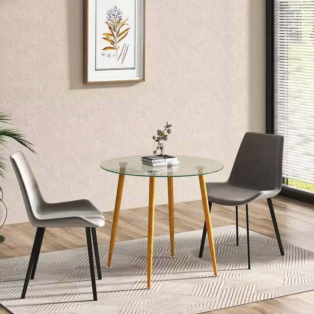 Modern Round Glass Dining Table with Wood-Look Metal Legs 1 Modern Round Glass Dining Table with Wood-Look Metal Legs