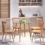Modern Round Glass Dining Table with Wood-Look Metal Legs 6 Modern Round Glass Dining Table with Wood-Look Metal Legs
