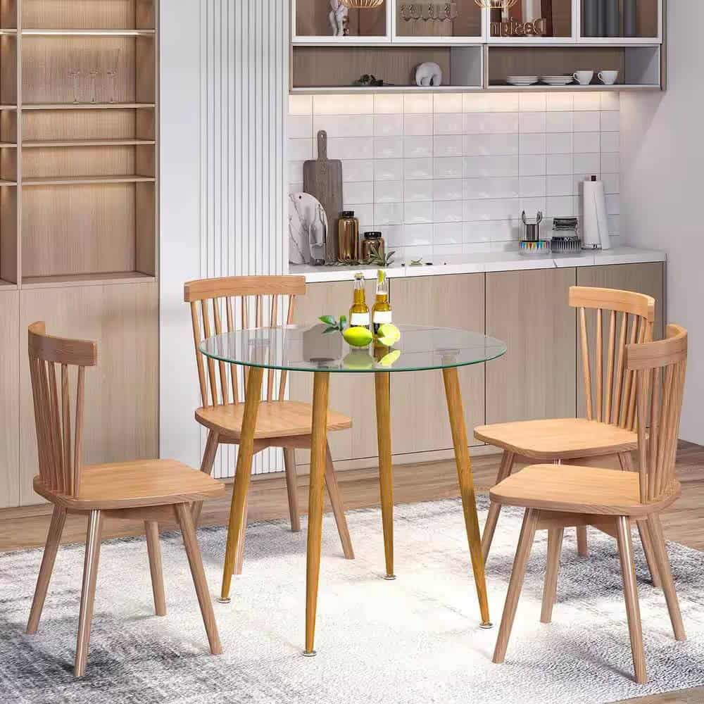 Modern Round Glass Dining Table with Wood-Look Metal Legs 2 Modern Round Glass Dining Table with Wood-Look Metal Legs - Image 2
