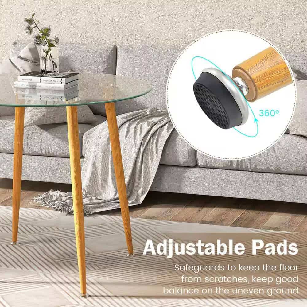 Modern Round Glass Dining Table with Wood-Look Metal Legs 3 Modern Round Glass Dining Table with Wood-Look Metal Legs - Image 3