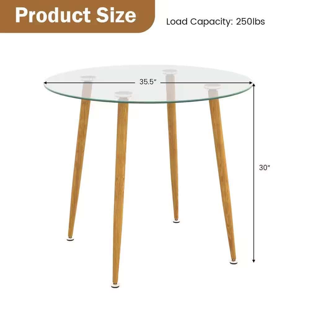 Modern Round Glass Dining Table with Wood-Look Metal Legs 4 Modern Round Glass Dining Table with Wood-Look Metal Legs - Image 4