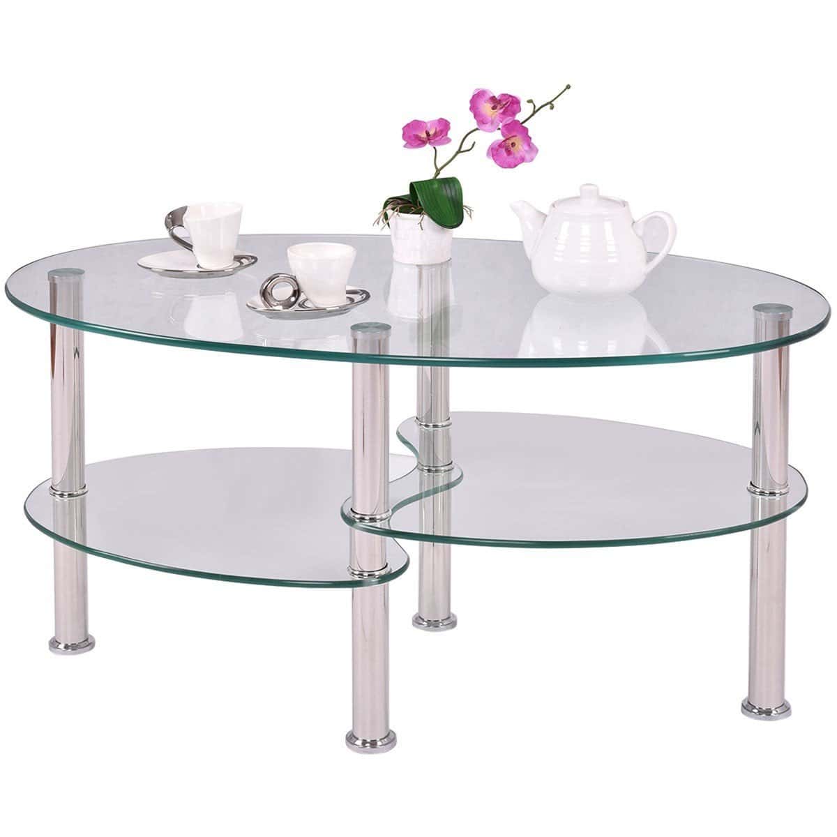 Modern Oval Glass Coffee Table with Bottom Storage Shelves 1 Modern Oval Glass Coffee Table with Bottom Storage Shelves