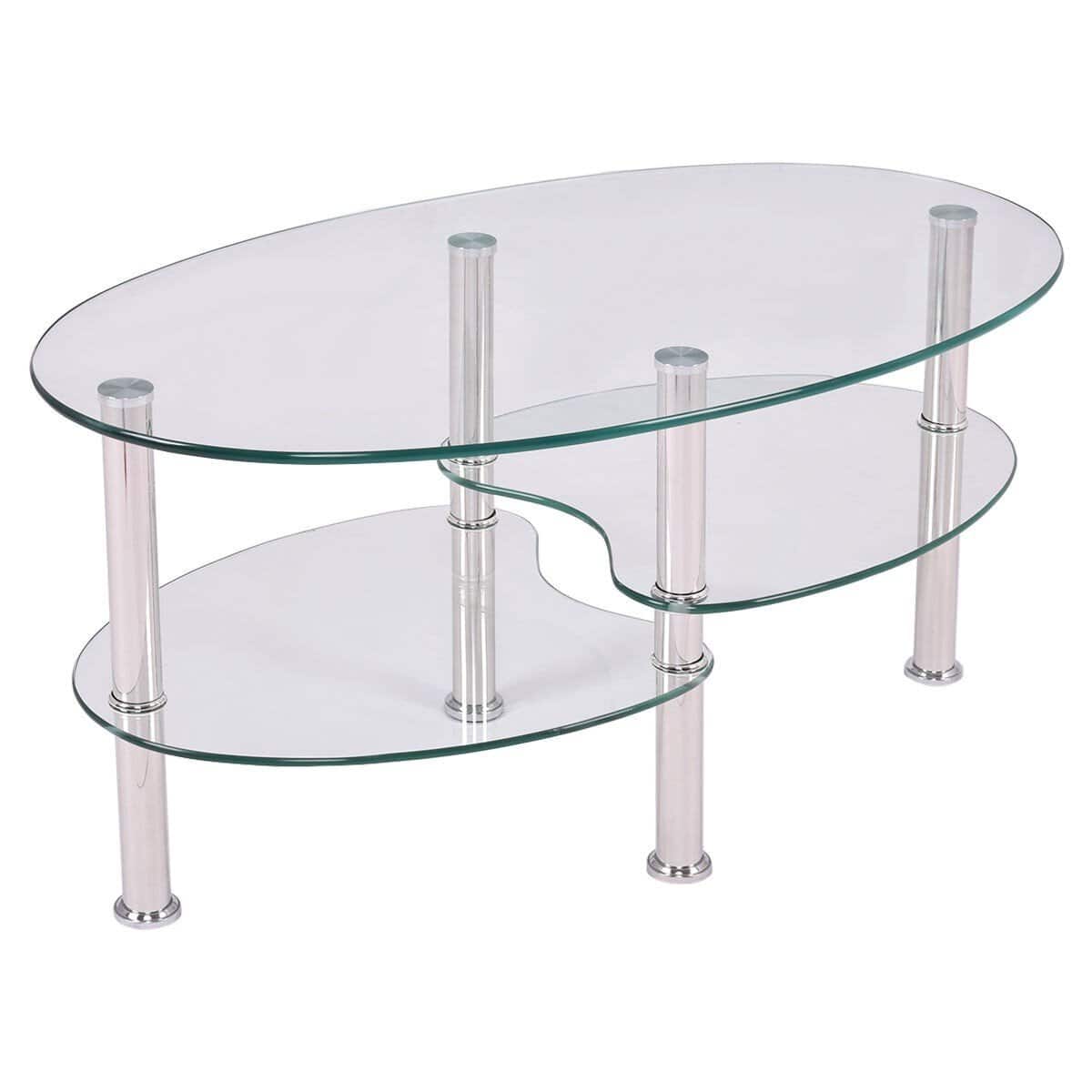 Modern Oval Glass Coffee Table with Bottom Storage Shelves 2 Modern Oval Glass Coffee Table with Bottom Storage Shelves - Image 2