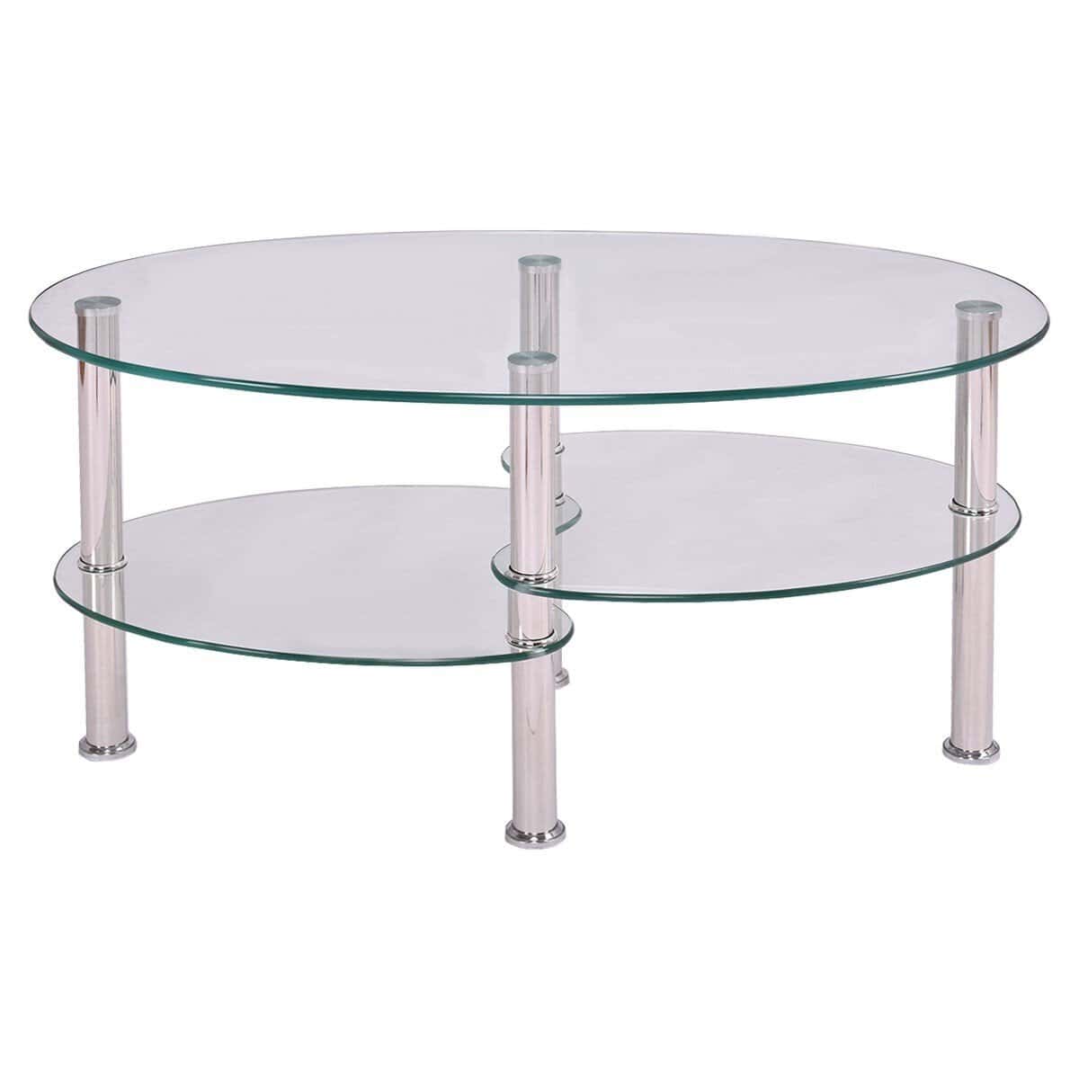 Modern Oval Glass Coffee Table with Bottom Storage Shelves 3 Modern Oval Glass Coffee Table with Bottom Storage Shelves - Image 3