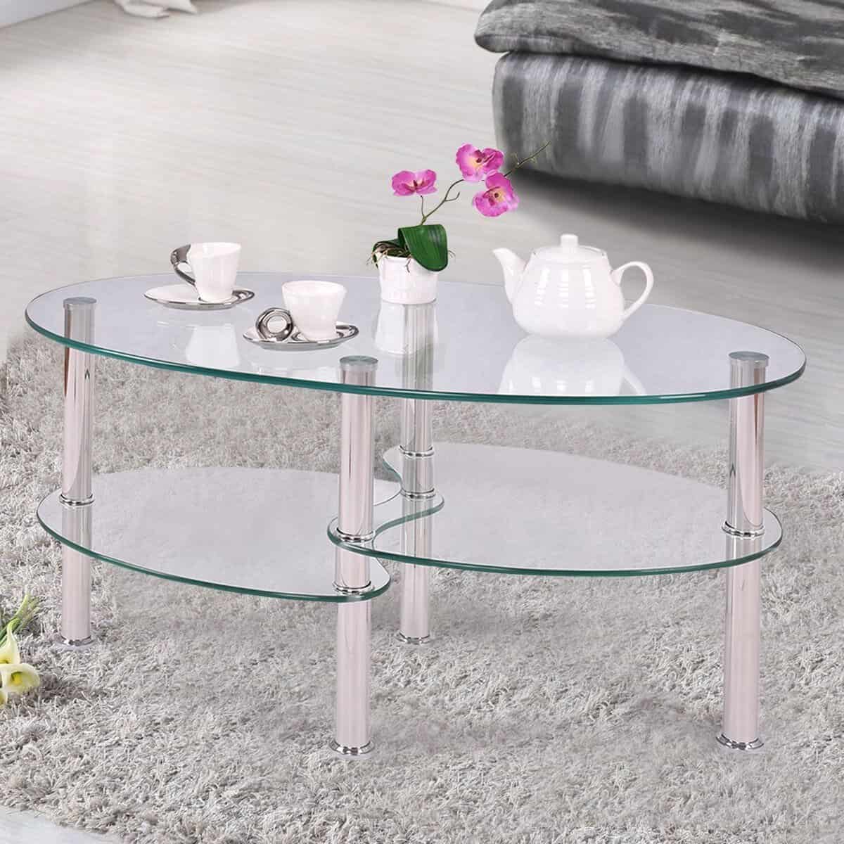 Modern Oval Glass Coffee Table with Bottom Storage Shelves 5 Modern Oval Glass Coffee Table with Bottom Storage Shelves - Image 5
