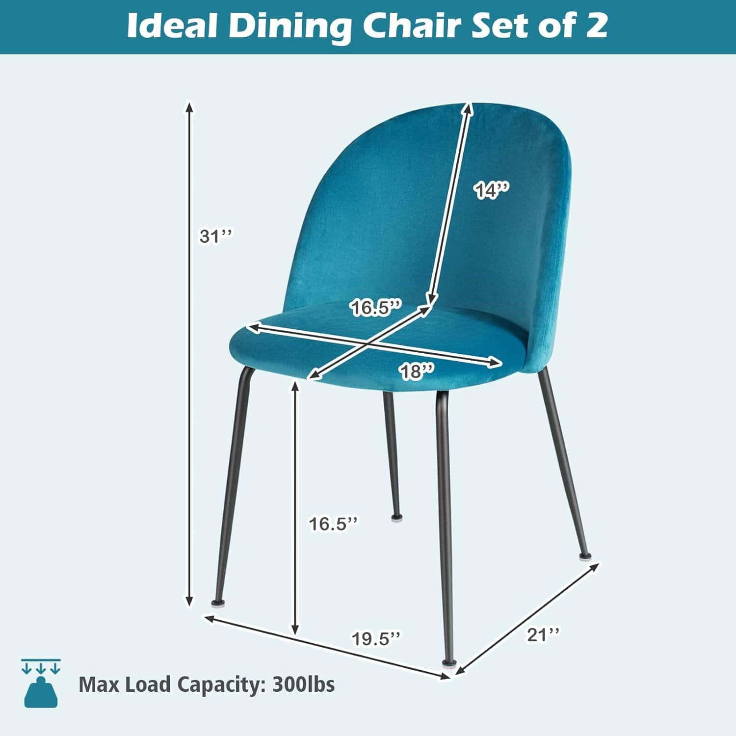 Modern Teal Velvet Dining Chairs with Metal Legs (Set of 2) 5 Modern Teal Velvet Dining Chairs with Metal Legs (Set of 2) - Image 5