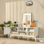 Mid-Century TV Stand with Rattan Cabinets and Open Shelves