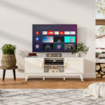 Mid-Century TV Stand with Rattan Cabinets and Open Shelves