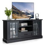 Modern TV Stand with Glass Doors, Drawer, and Adjustable Shelves